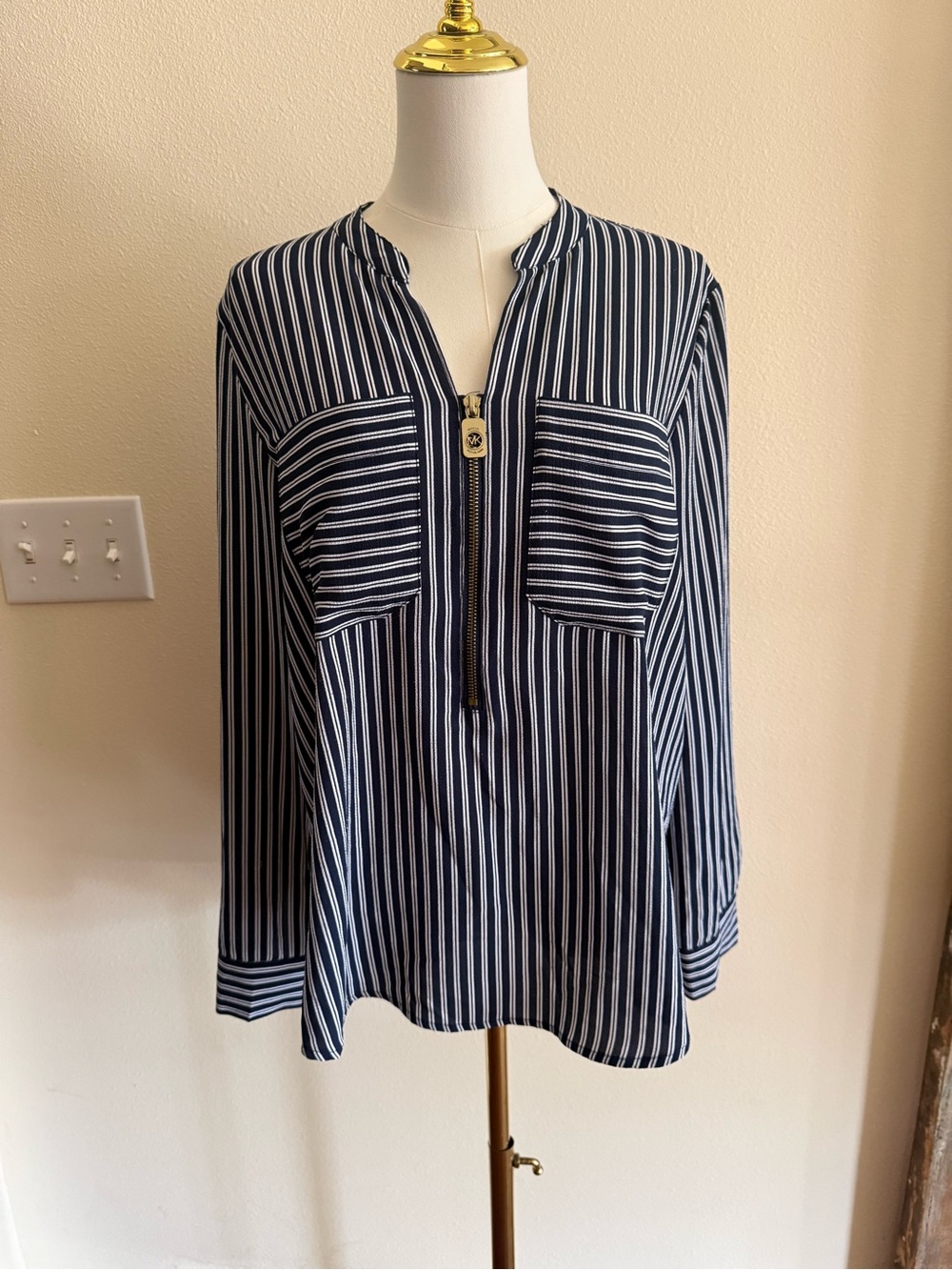 Michael Kors Navy and White Striped Zip-Front Blouse